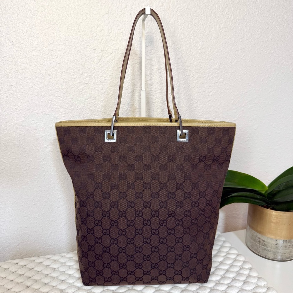 GUCCI GG Tote Shoulder Bag Web Canvas Dark Brown
